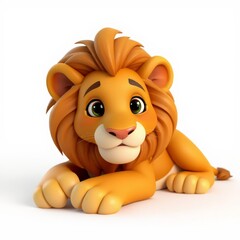 A charming 3D rendered illustration of a cute, friendly cartoon lion with big green eyes and an orange mane, lying down on a white background, perfect for children's animation