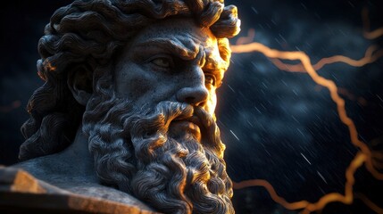 Close-up of a weathered bust of Poseidon, god of the sea, illuminated by dramatic lighting and stormy weather effects.