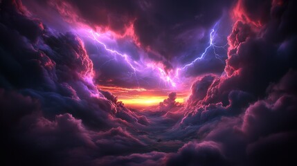 Fiery purple and pink lightning strikes through a dramatic, dark, stormy cloudscape at sunset.