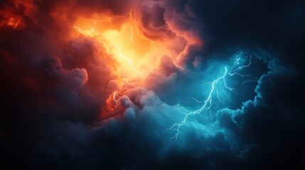 Dramatic sky with fiery orange clouds contrasting with striking blue lightning and stormy dark clouds.
