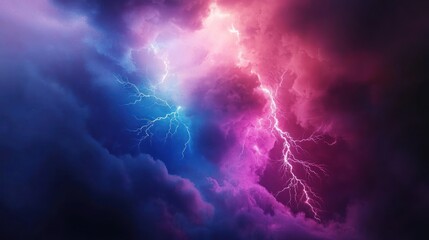 Dramatic storm clouds illuminated by vibrant pink and blue lightning.