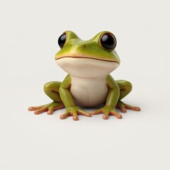 A charming 3D illustration features a cute, bright green frog with large black eyes and a friendly expression, rendered on a clean white background, ideal for children's content