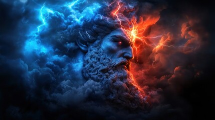 A powerful, wrathful god's face emerges from clashing storms of fire and ice.