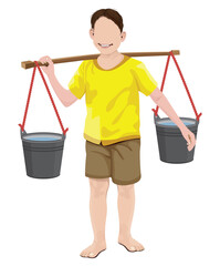 A young boy carrying a bucket of water on a shoulder pole,cartoon shape vector design