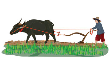 farmer plowing in paddy field vector design