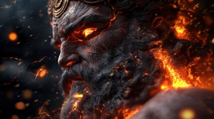 Fiery, wrathful god-like figure engulfed in flames, intense gaze.