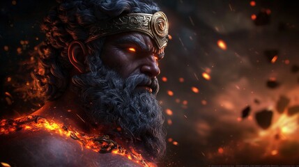 A powerful, bearded figure with glowing eyes surrounded by flames, set against a dramatic, fiery sky.