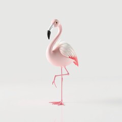 A charming 3D illustration features a smooth, pink flamingo standing on one leg, rendered in a stylized, child-friendly manner against a bright white background, ideal for animation or educational