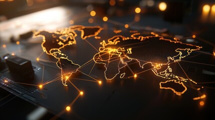 Global interconnectedness, illuminated world map with glowing network connections, showcasing global communication and technology.
