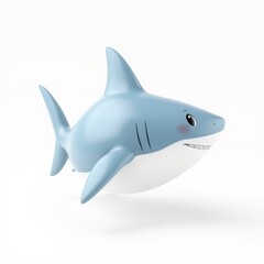 A charming 3D rendered cartoon shark with a friendly smile and rosy cheeks, designed with a simple, cute aesthetic perfect for children's animation and educational content, set against a clean white