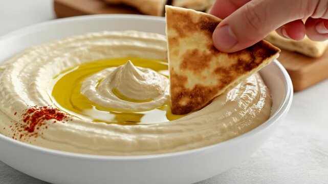 Hand dipping flatbread into a bowl of creamy hummus topped with olive oil and paprika, a healthy snack food footage.