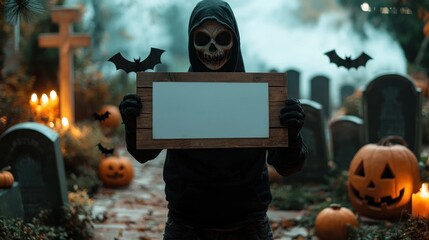 A person in a Grim Reaper costume holding a blank sign in a graveyard with pumpkins and bats for Halloween.