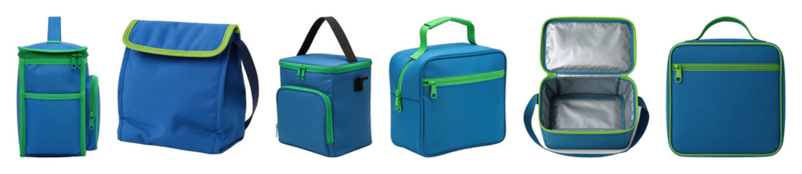 Blue and green insulated lunch bag set including cooler, backpack, and open versions isolated. Food storage and travel collection.
