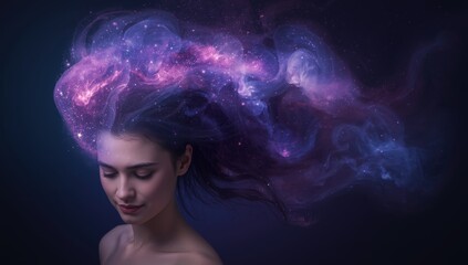 A beautiful woman with her hair transforming into a vibrant nebula filled with stars and cosmic dust a stunning representation of imagination and the universe within