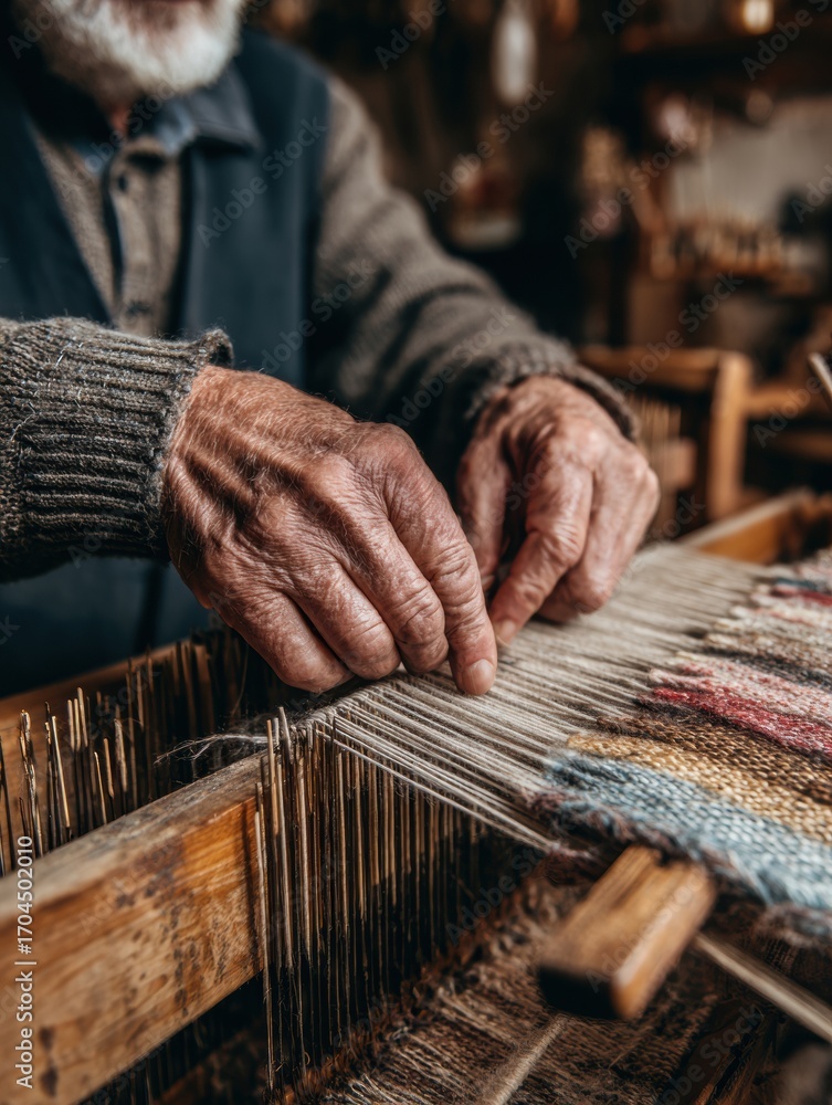 Aufkleber experienced weaver creating intricate textile patterns in a workshop during afternoon light