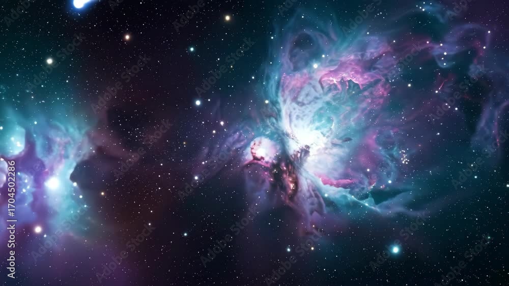 Poster comet flying across colorful nebula in deep space with starlight for astronomy and cosmic exploratio