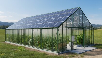 Energyefficient greenhouse with an array of solar panels installed on the roof capturing sunlight to power internal climate control systems sustainably.