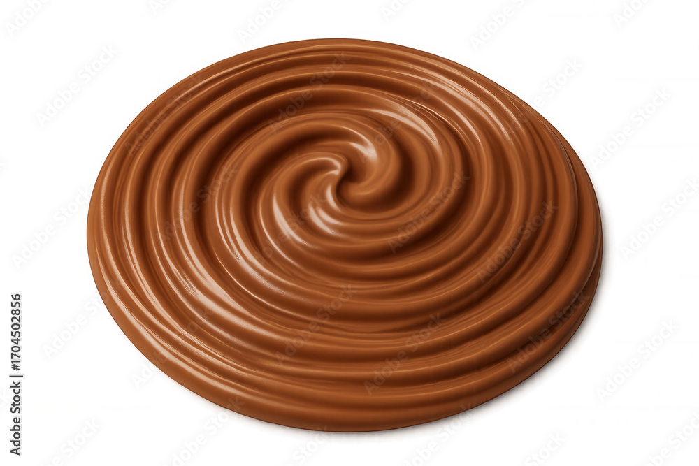 Poster milk chocolate swirling, creating smooth circular pattern, transparent backdrop highlighting liquid 