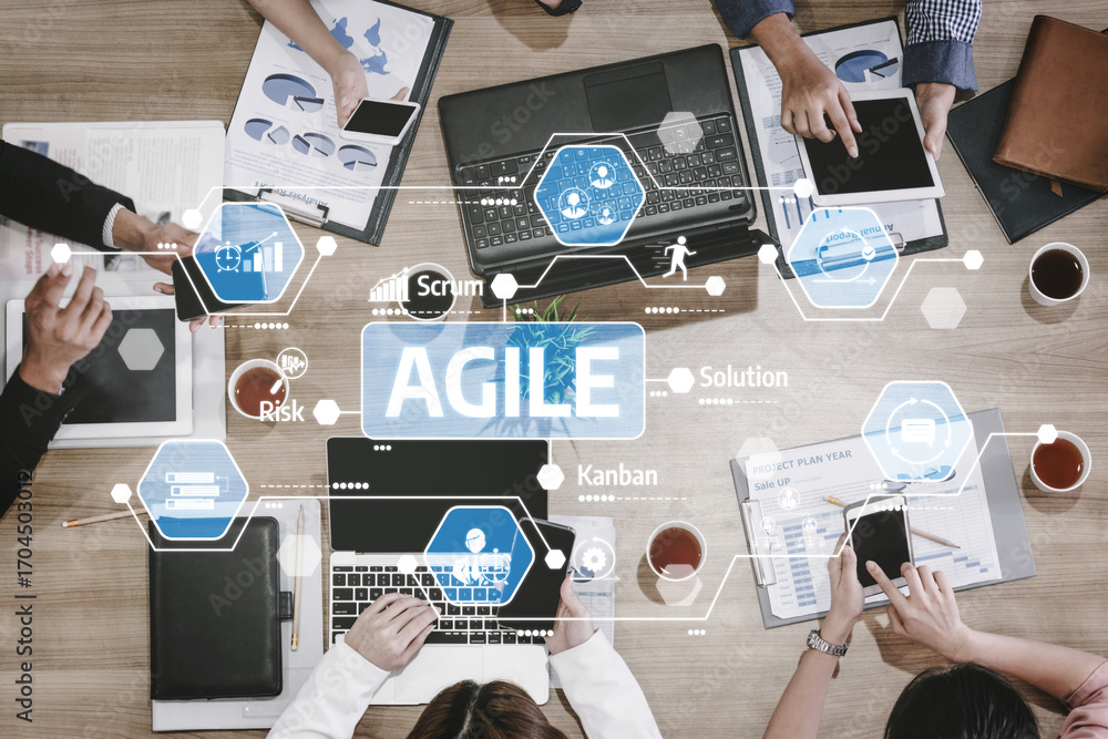 Poster a dynamic business meeting focused on agile methodology showcasing teamwork, productivity tools, and