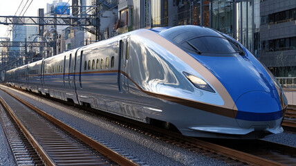Naklejka premium A futuristic train with a reflective blue and gold design, is moving at a fast pace as it passes a modern city with tall skyscrapers.