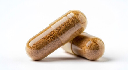 Traditional Indian ayurvedic herbal powder medicine capsule, known in India with various name Sarpagandha, Ashwagandha, shatavari, triphla, harde, amla powder, white background, copy space
