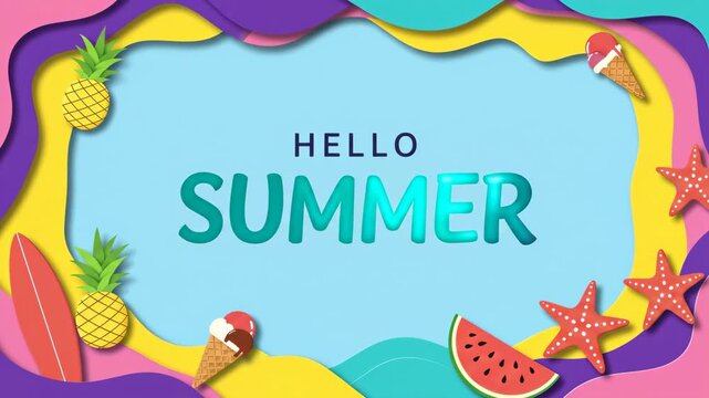 Hello summer greeting card animation with pineapple, surfboard, and ice cream on blue background, footage
