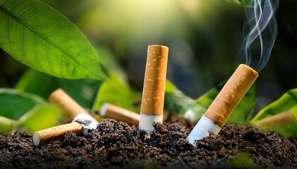 Cigarette Butts Disposing In Soil With Green Leaves And Nature Background
