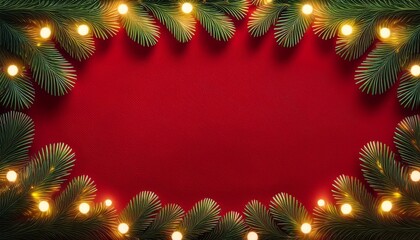 Christmas Background With A Red Fabric Texture Golden Lights And Pine Branches Framing The Edges