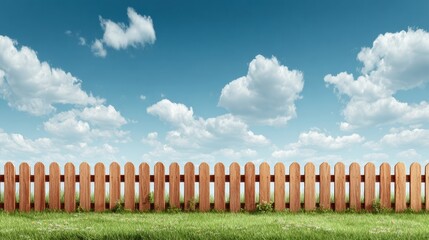 Obraz premium Bright and Sunny Day With a Wooden Fence in a Lush Green Field Under a Clear Blue Sky With Fluffy Clouds