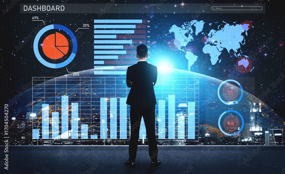 Aufkleber a business professional stands before a large interactive dashboard, analyzing data visualizations w