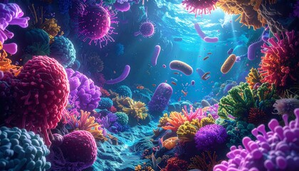 Colorful microscopic organisms in a vibrant underwater scene