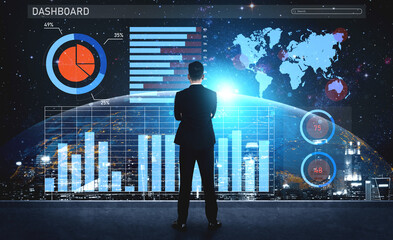 A business professional stands before a large interactive dashboard, analyzing data visualizations while overlooking a nighttime cityscape of Earth. Impute