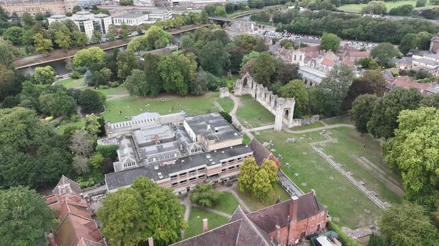 aerial view of St Mary's Abbey, The Abbey of St Mary is a ruined Benedictine abbey in York, England. ancient monument