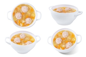 Potato soup with meatballs in a bowl on a white isolated background