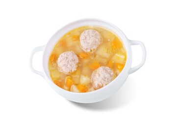 Potato soup with meatballs in a bowl on a white isolated background
