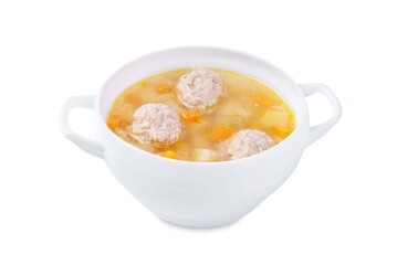 Potato soup with meatballs in a bowl on a white isolated background
