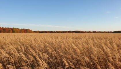 Medium shot of golden hay swaying in autumn breeze illustrating maturity and readiness for harvest with crisp clear skies.