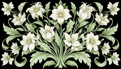 Bas-relief, light green flowers on a black background. Floral decorative panel.