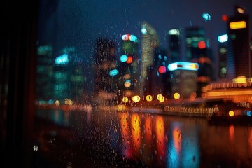 Obraz premium City Lights Through A Rainy Window At Night