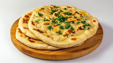 Naan flatbread with herbs on wooden board