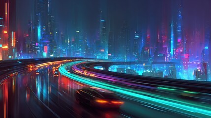 Futuristic City Highway At Night With Neon Lights