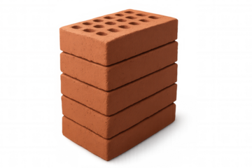 Red bricks stacking neatly, displaying rough surface texture, symbolizing construction strength on clean white backdrop