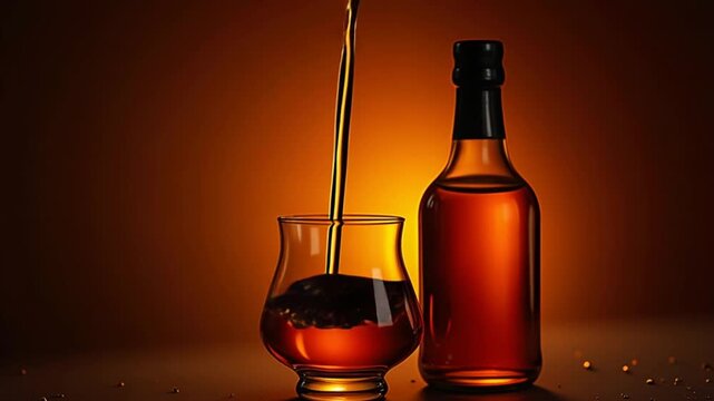 Bottle and glass with whiskey or cognac. Burning Fire In The Fireplace. Warmth and home comfort. 4K