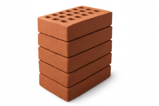 Red bricks stacking neatly, displaying rough surface texture, symbolizing construction strength on clean white backdrop