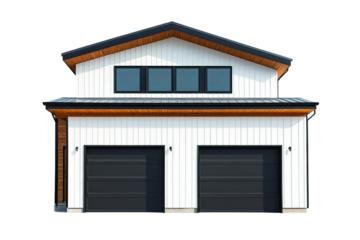 Modern farmhouse style garage with two doors on transparent background