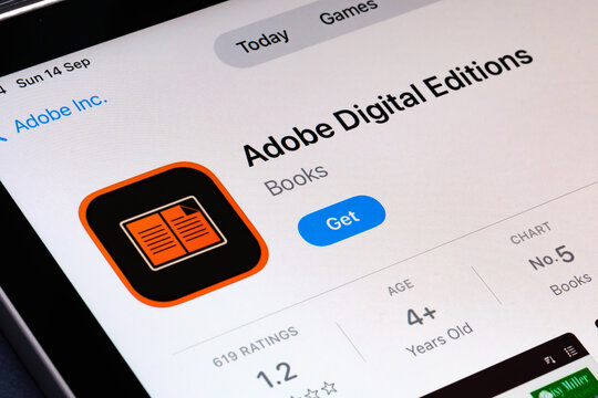 Adobe Digital Editions App Store listing on iPhone emphasizes the importance of digital documents, PDF management and educational tools. Stafford, United Kingdom, September 14, 2025