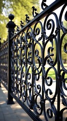 Intricate Wrought Iron Fence Details Casting Shadows in Park Setting with Decorative Ornamentation