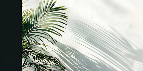 Fototapeta premium Lush green palm fronds cast dramatic shadows on a textured white wall, evoking a tropical, serene atmosphere.