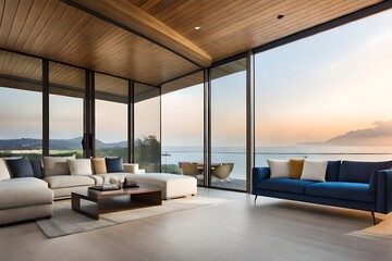 Coastal Living room with Panoramic Ocean View and Modern Architectural Design