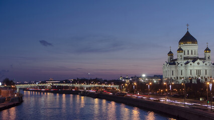 Majestic orthodox Cathedral of Christ Saviour day to night Timelapse hyperlapse, Russia